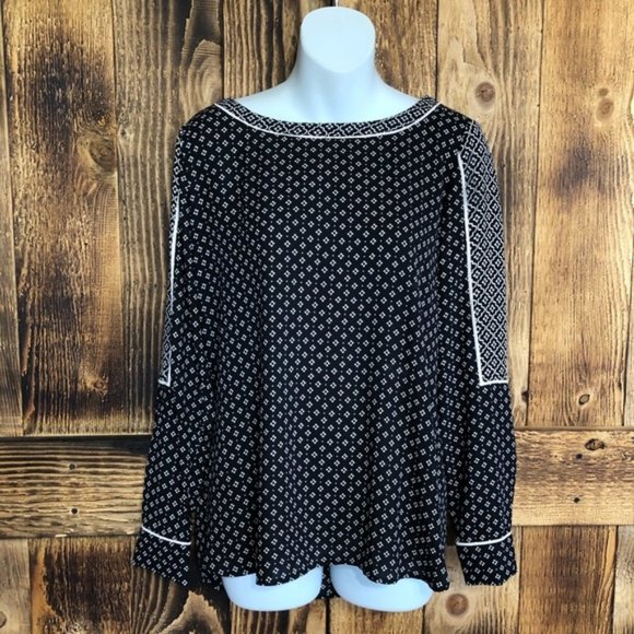 NEW Loft Geometric Printed Long Sleeve Boat Neck l Blouse Black Sz XS - Picture 1 of 6